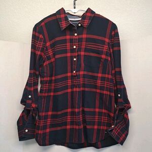 Tommy Hilfiger Women's M Pullover Flannel Plaid Long Sleeve Blouse